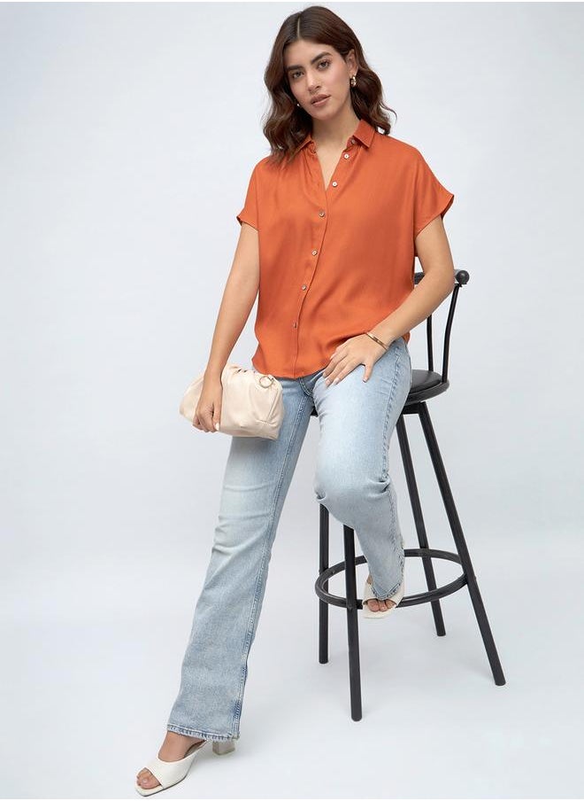 Rust Relaxed Fit Shirt for Women - Viscose Moss, Solid, Half Sleeves, Casual,
