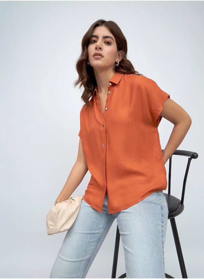 Rust Relaxed Fit Shirt for Women - Viscose Moss, Solid, Half Sleeves, Casual,