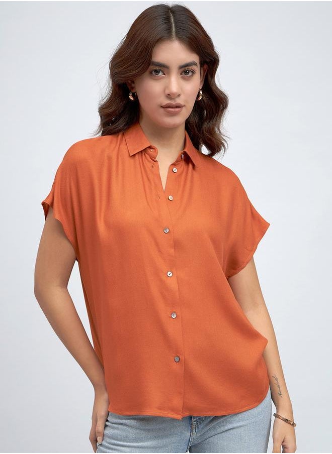 Rust Relaxed Fit Shirt for Women - Viscose Moss, Solid, Half Sleeves, Casual,