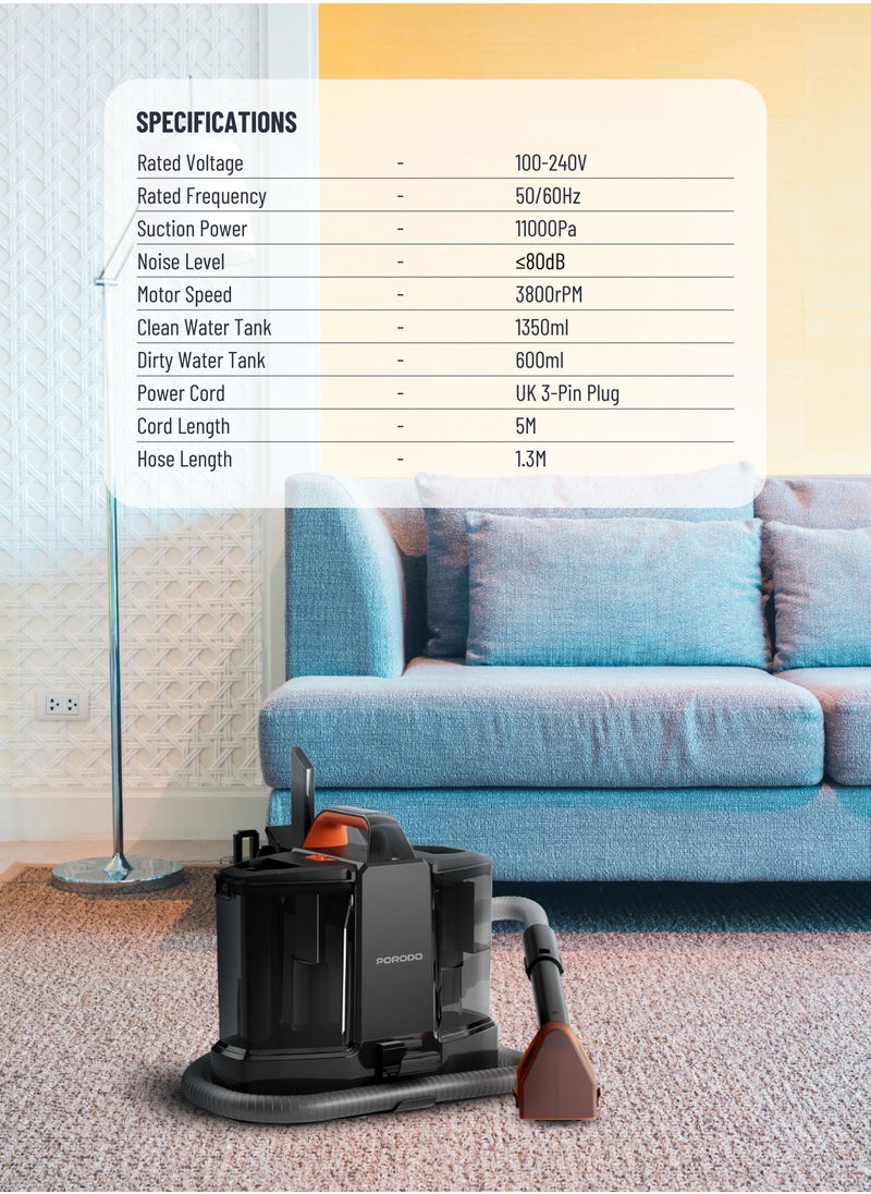 Carpet Cleaner 500W with 1350ml Water Tank and 600ml Dirty Water Tank / Powerful Stain Cleaner / Sofa & Carpet Spot Cleaner / Versatile Toolkit / Removes Spots Spills & Tough Stains - Black