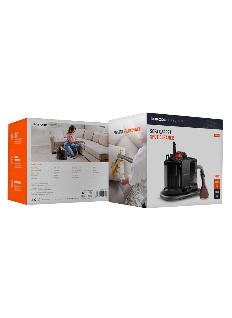 Carpet Cleaner 500W with 1350ml Water Tank and 600ml Dirty Water Tank / Powerful Stain Cleaner / Sofa & Carpet Spot Cleaner / Versatile Toolkit / Removes Spots Spills & Tough Stains - Black