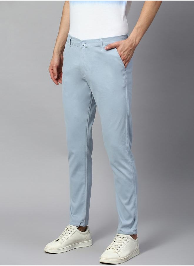 Men's Tapered Fit Light Blue Cotton Chinos - Mid-Rise, Full Length, Button & Zip Closure,