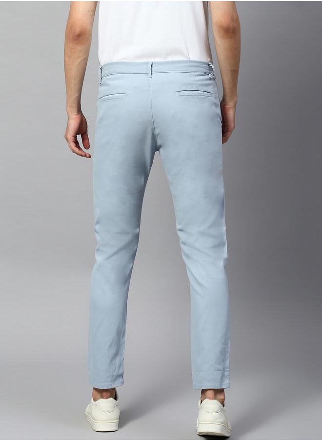 Men's Tapered Fit Light Blue Cotton Chinos - Mid-Rise, Full Length, Button & Zip Closure,