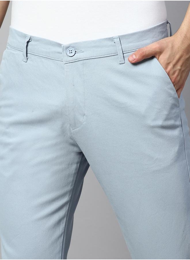 Men's Tapered Fit Light Blue Cotton Chinos - Mid-Rise, Full Length, Button & Zip Closure,