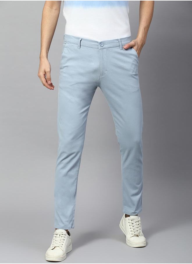 Men's Tapered Fit Light Blue Cotton Chinos - Mid-Rise, Full Length, Button & Zip Closure,