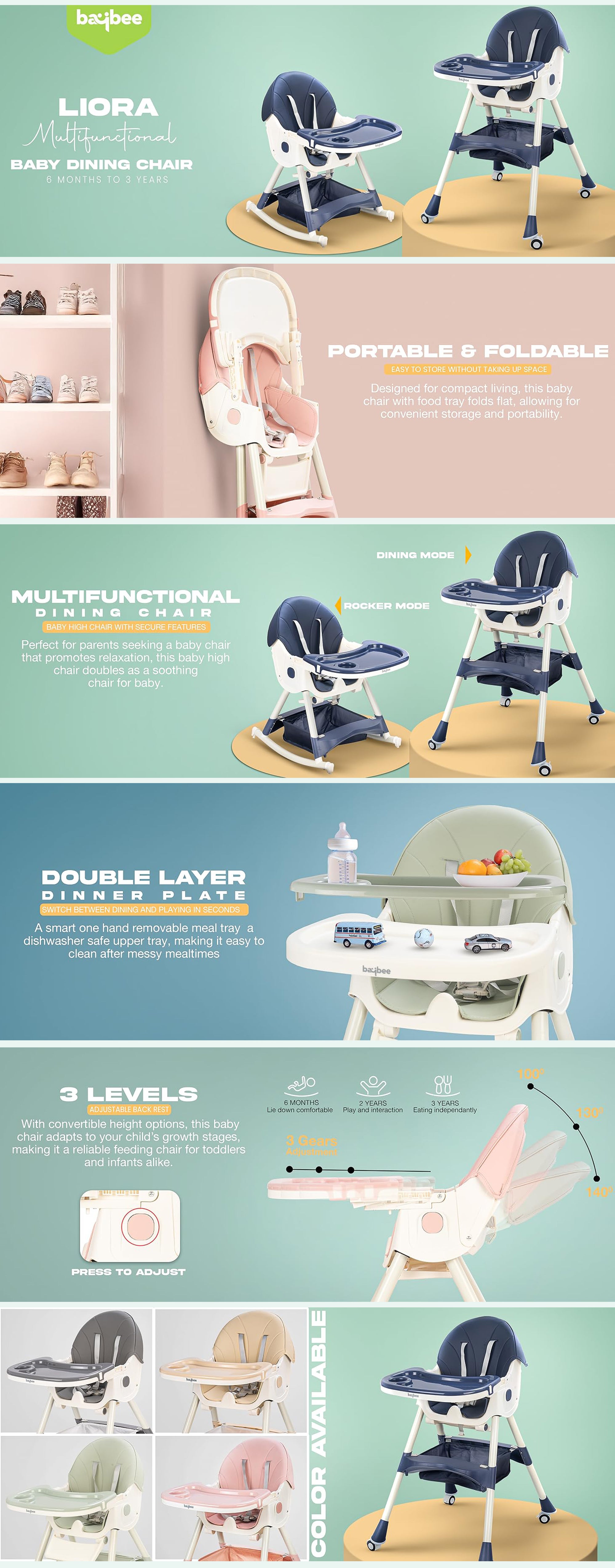 IRIS 3 in 1 Baby High Chair for Kids,  Baby Feeding Chair Booster Seat with Rocker, Wheels, Storage, Recline, Tray & Footrest, Foldable High Chair for Baby Toddlers 6 months to 4 Years Grey