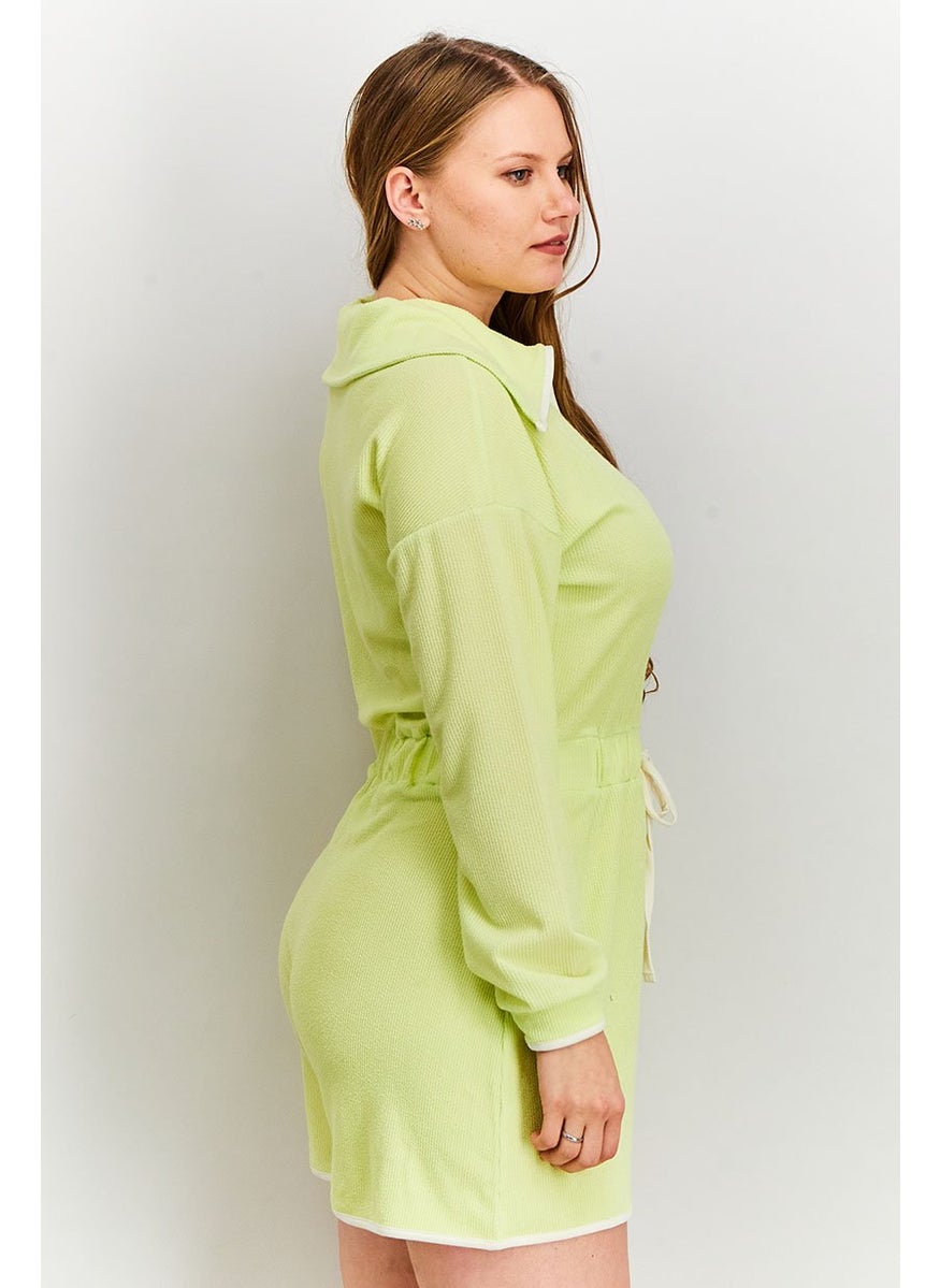 Women Textured Long Sleeves Oversized Playsuit, Green
