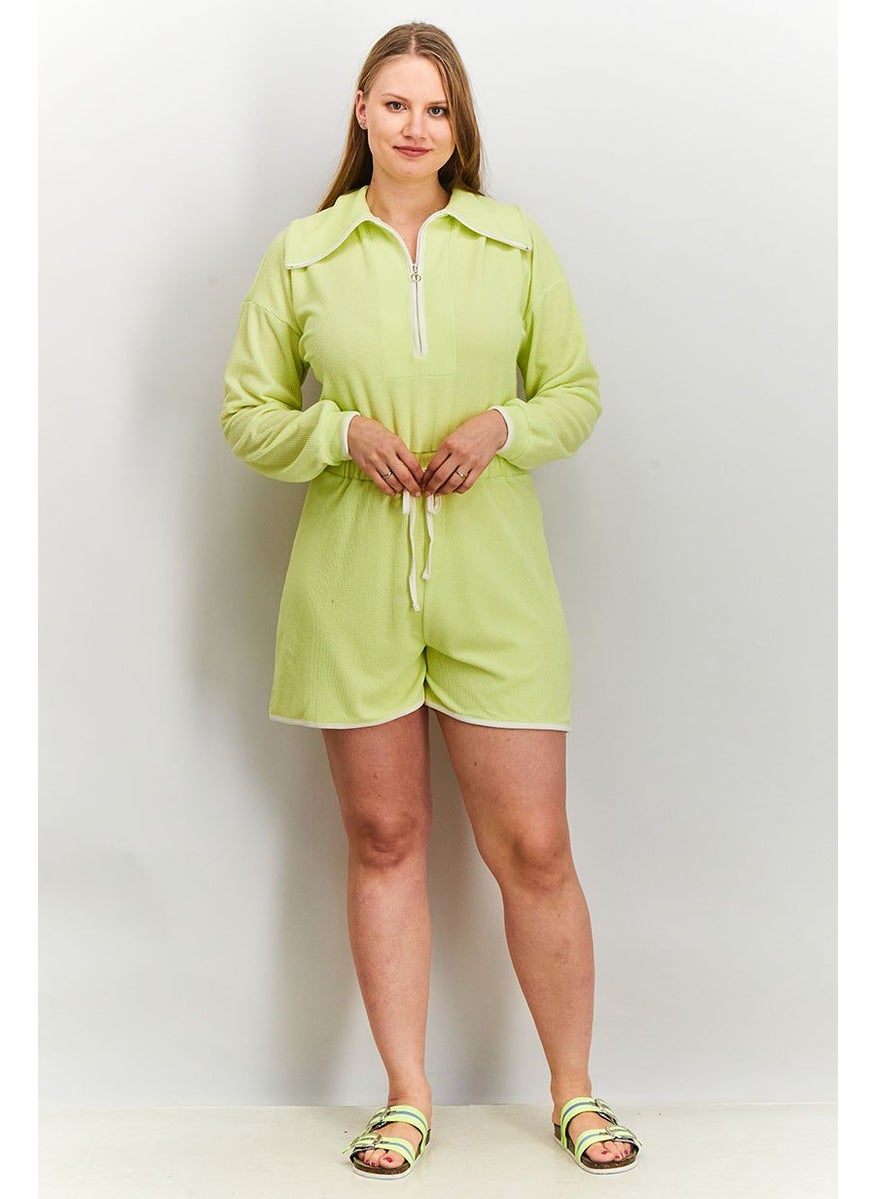 Women Textured Long Sleeves Oversized Playsuit, Green