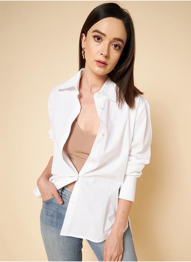Stay effortlessly stylish with this comfortable White Oversized Shirts Solid design crafted from 100% Cotton featuring Long Sleeves with Button closure.