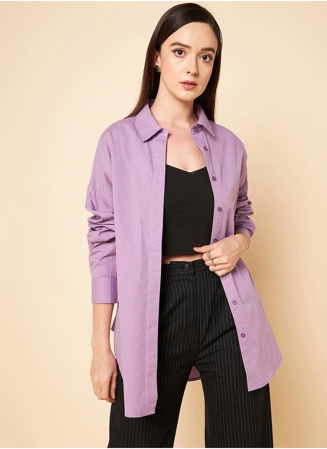 Women's Lilac 100% Cotton Solid Pattern Button Down Shirt