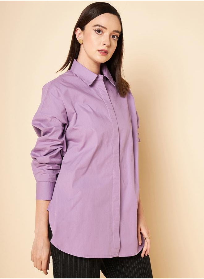 Stay effortlessly stylish with this comfortable Lilac Oversized Shirts Solid design crafted from 100% Cotton featuring Long Sleeves with Button closure.