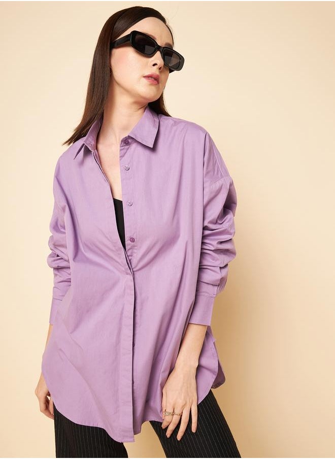 Women's Lilac 100% Cotton Solid Pattern Button Down Shirt