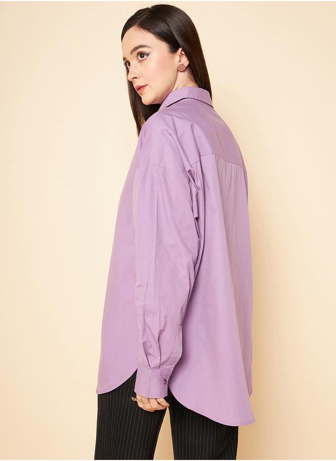 Women's Lilac 100% Cotton Solid Pattern Button Down Shirt
