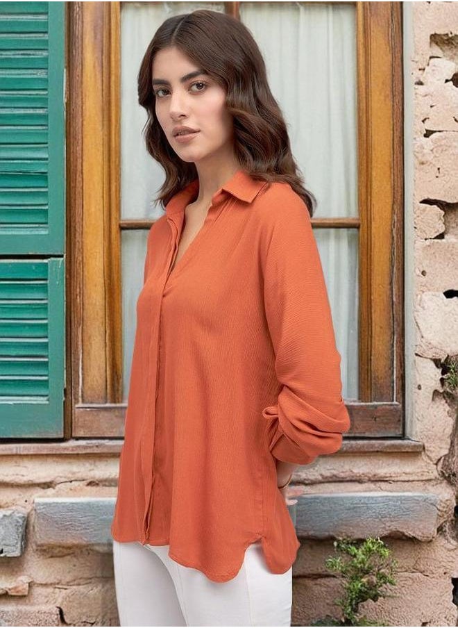 Rust Shirt for Women - Viscose Crepe, Relaxed Fit