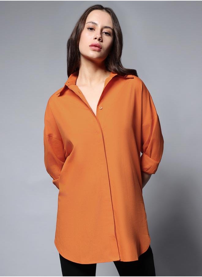 Women's Orange 100% Cotton Solid Pattern Button Down Shirt