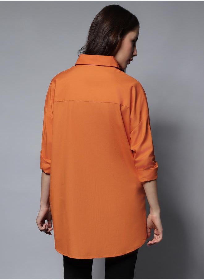 Women's Orange 100% Cotton Solid Pattern Button Down Shirt