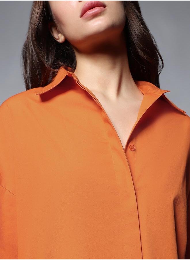 Women's Orange 100% Cotton Solid Pattern Button Down Shirt