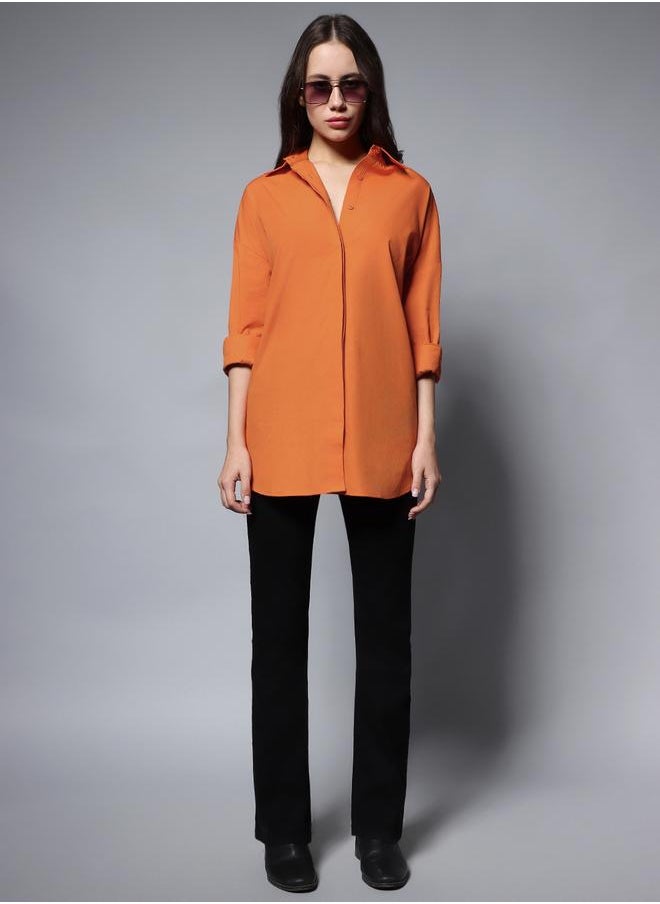 Stay effortlessly stylish with this comfortable Orange Oversized Shirts Solid design crafted from 100% Cotton featuring Long Sleeves with Button closure.