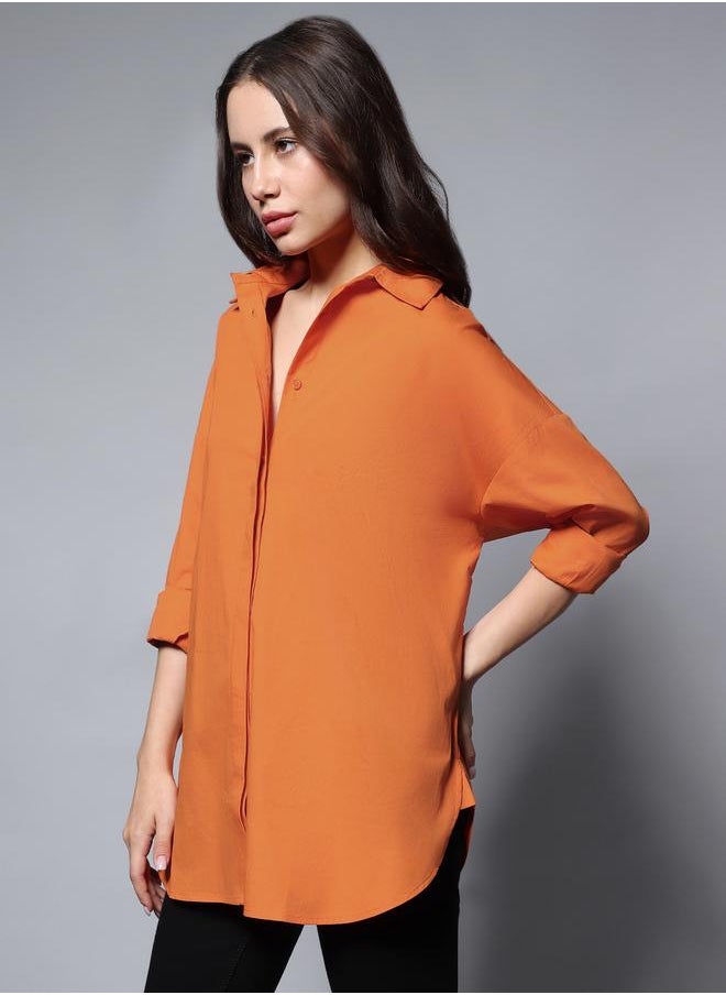 Women's Orange 100% Cotton Solid Pattern Button Down Shirt