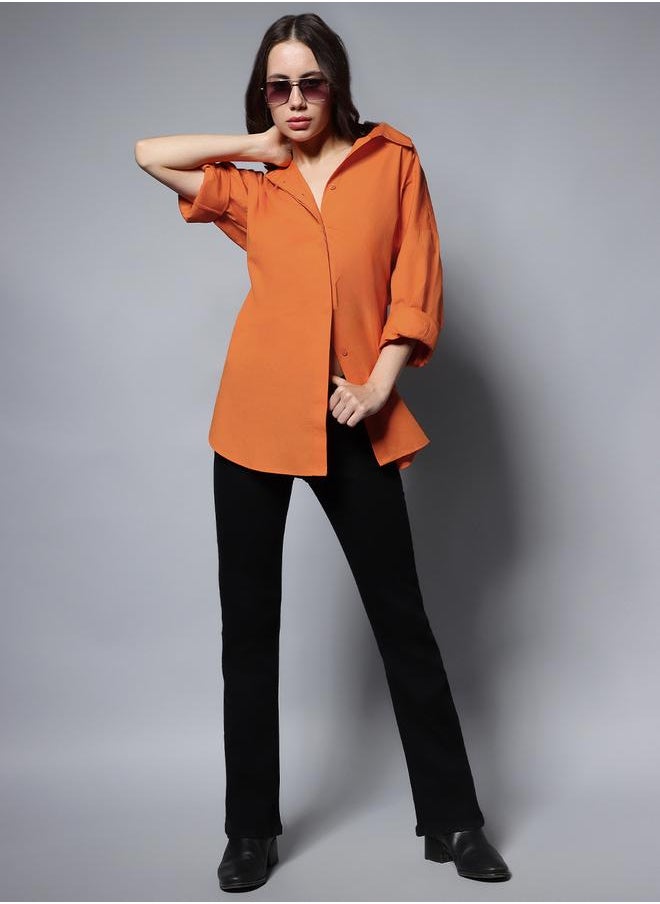 Women's Orange 100% Cotton Solid Pattern Button Down Shirt