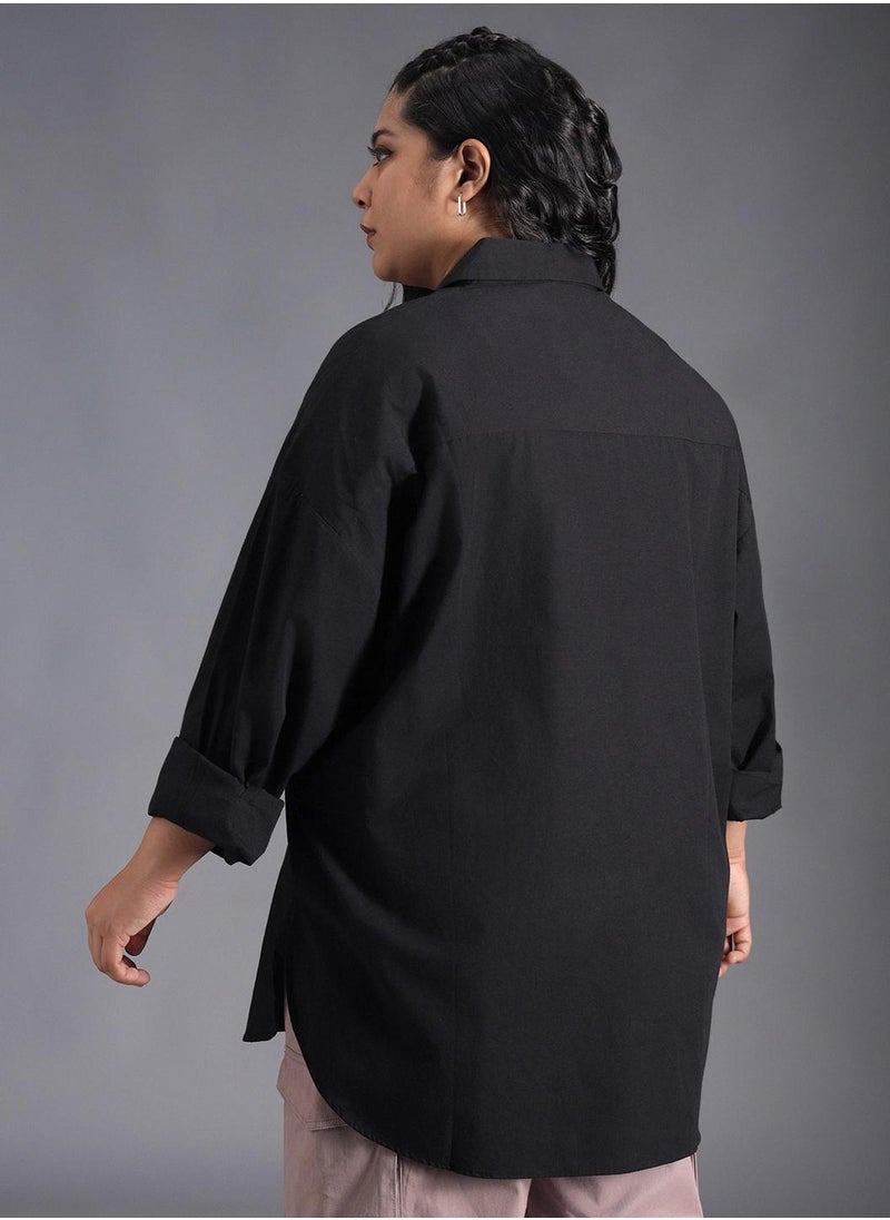 Stay effortlessly stylish with this comfortable Black Oversized Shirts Solid design crafted from 100% Cotton featuring Long Sleeves with Button closure.