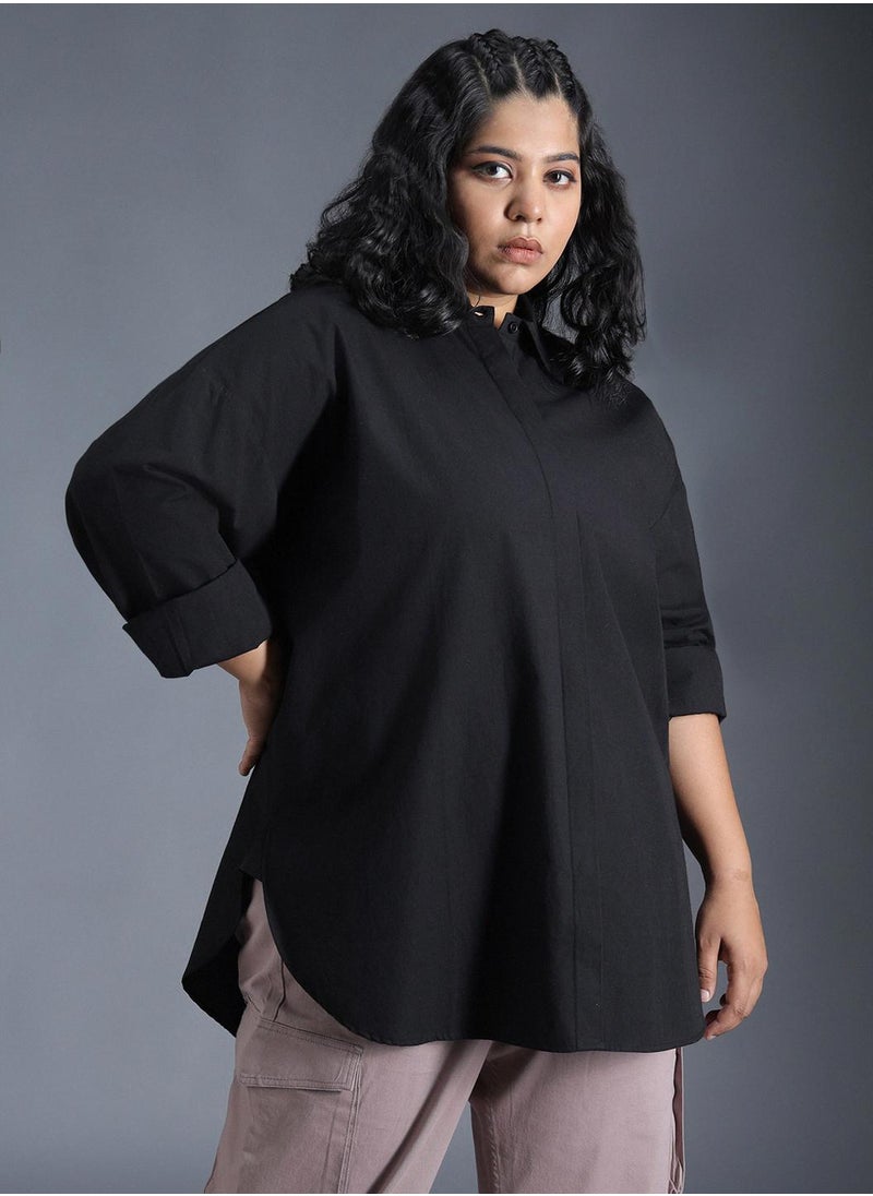 Stay effortlessly stylish with this comfortable Black Oversized Shirts Solid design crafted from 100% Cotton featuring Long Sleeves with Button closure.