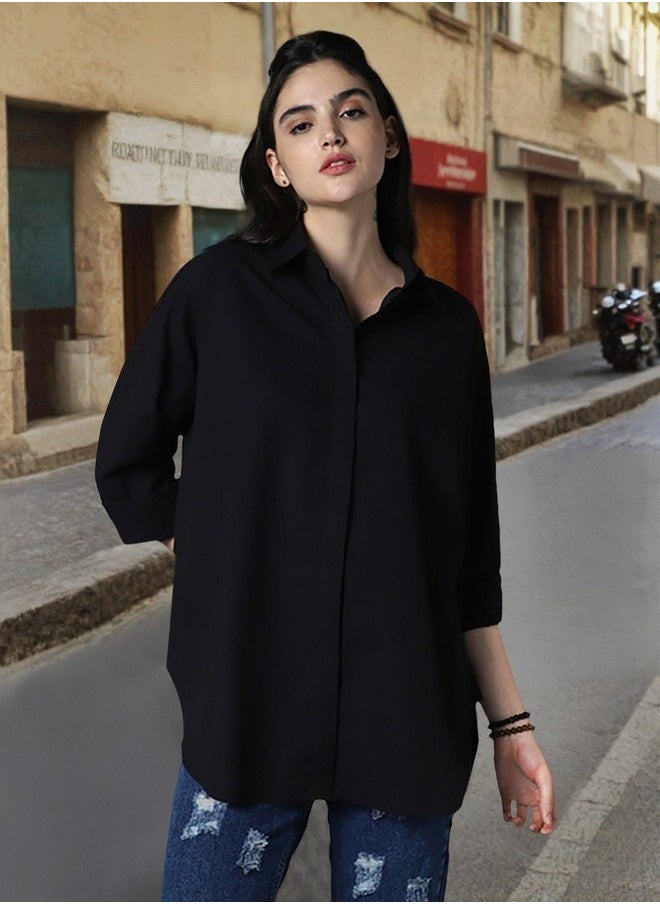 Stay effortlessly stylish with this comfortable Black Oversized Shirts Solid design crafted from 100% Cotton featuring Long Sleeves with Button closure.