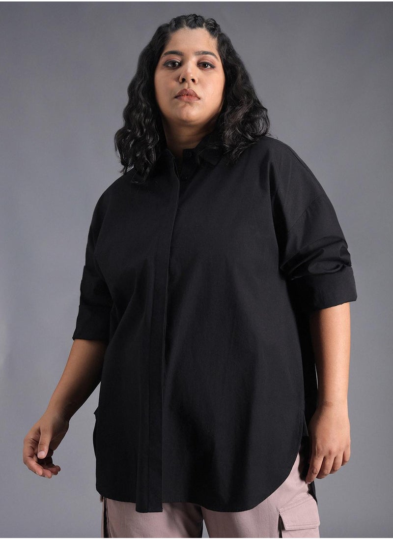 Stay effortlessly stylish with this comfortable Black Oversized Shirts Solid design crafted from 100% Cotton featuring Long Sleeves with Button closure.