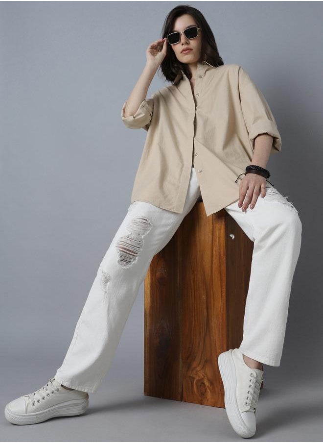 Women's Beige 100% Cotton Solid Pattern Button Down Shirt