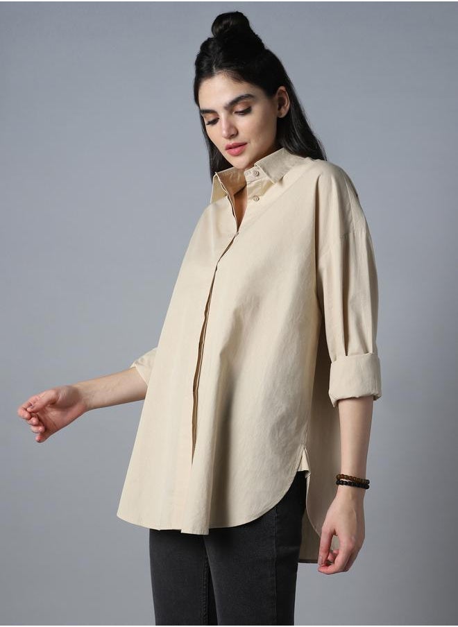 Women's Beige 100% Cotton Solid Pattern Button Down Shirt