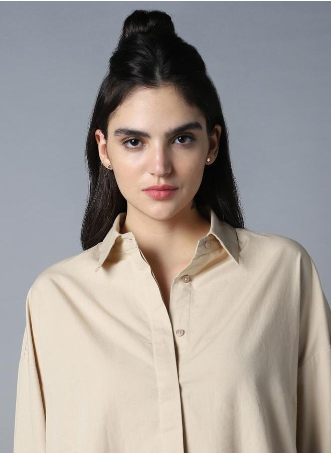 Women's Beige 100% Cotton Solid Pattern Button Down Shirt