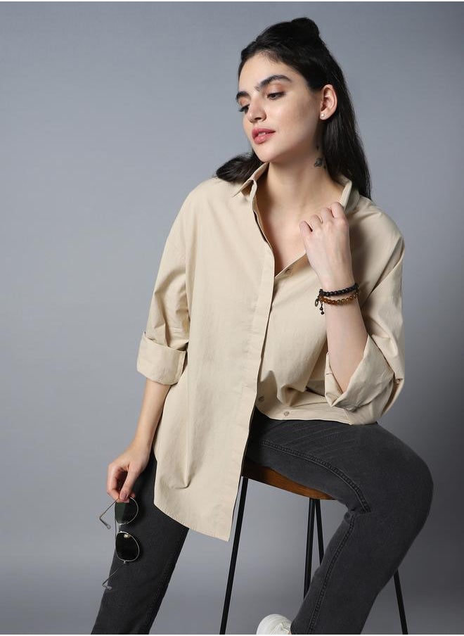 Women's Beige 100% Cotton Solid Pattern Button Down Shirt