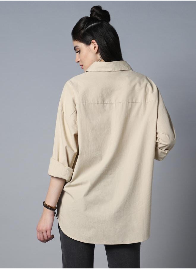 Women's Beige 100% Cotton Solid Pattern Button Down Shirt