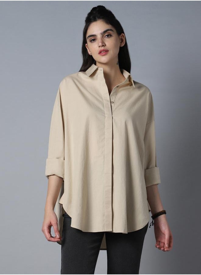 Stay effortlessly stylish with this comfortable Beige Oversized Shirts Solid design crafted from 100% Cotton featuring Long Sleeves with Button closure.