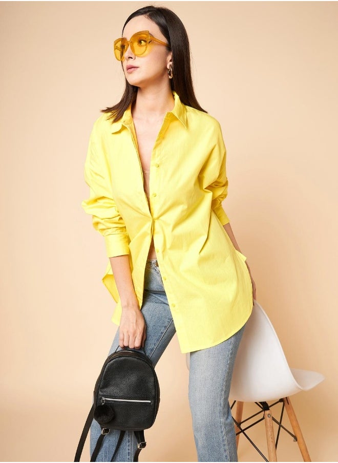 Stay effortlessly stylish with this comfortable Yellow Oversized Shirts Solid design crafted from 100% Cotton featuring Long Sleeves with Button closure.