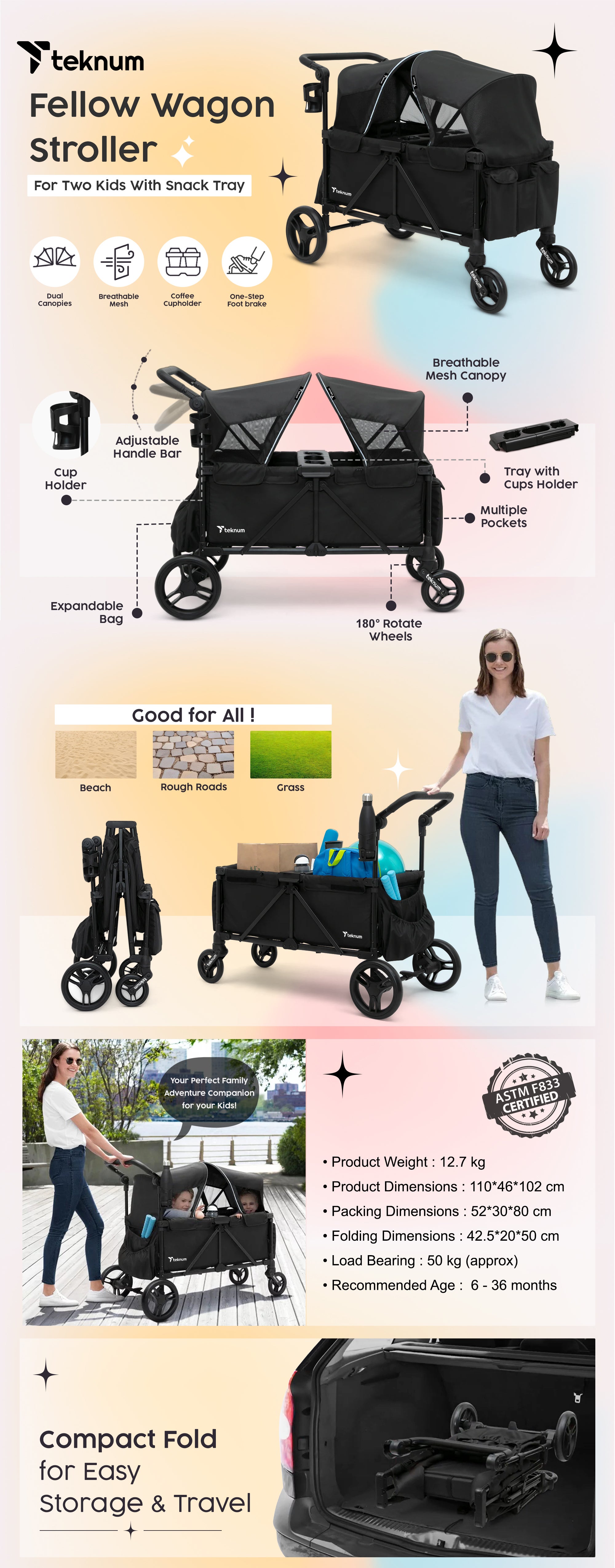 TEKNUM Fellow Wagon Stroller for 2 kids with Snack Tray - Black