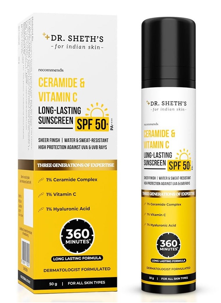 Dr. Sheth's Ceramide & Vitamin C Long lasting Sunscreen SPF 50+ PA++++|No White Cast, Water & Sweat-Resistant|Non-Greasy & Quick-Absorbing |For Women & Men |50g
