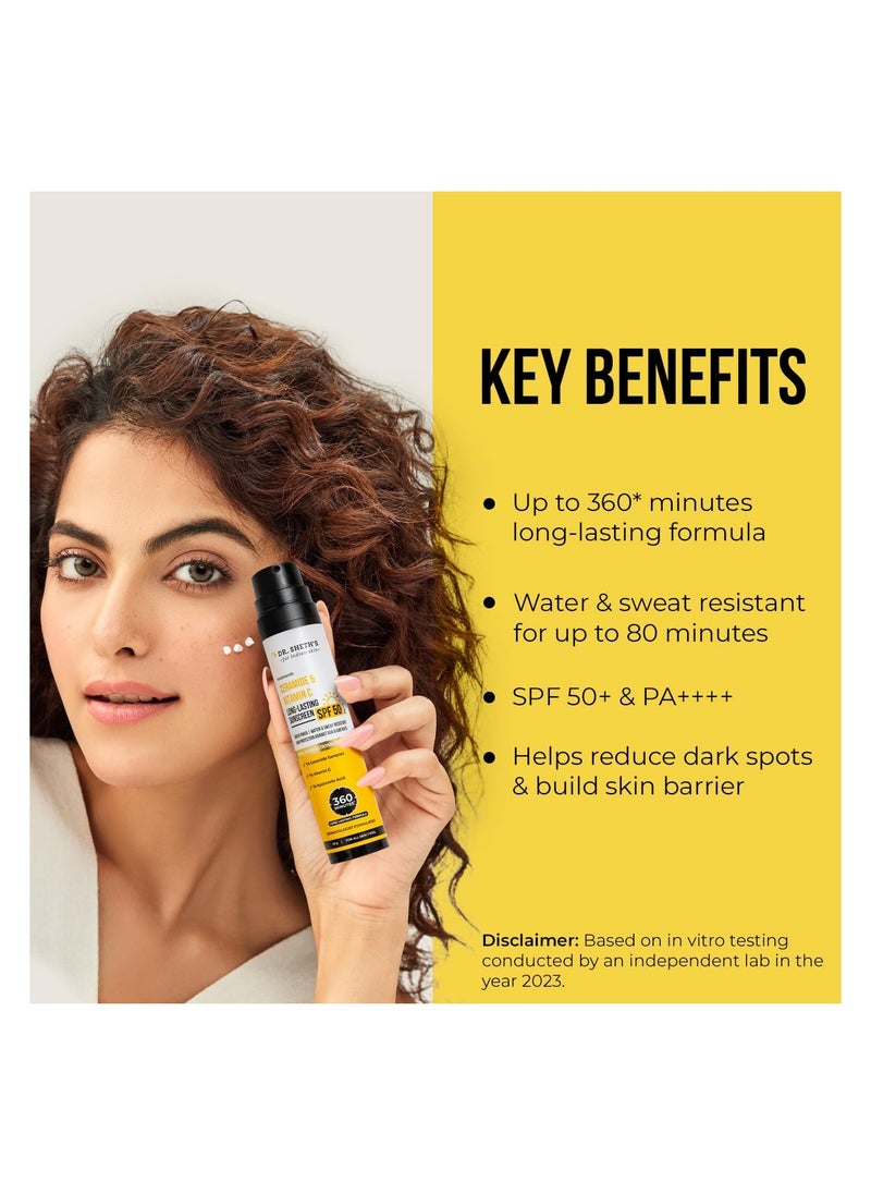 Dr. Sheth's Ceramide & Vitamin C Long lasting Sunscreen SPF 50+ PA++++|No White Cast, Water & Sweat-Resistant|Non-Greasy & Quick-Absorbing |For Women & Men |50g