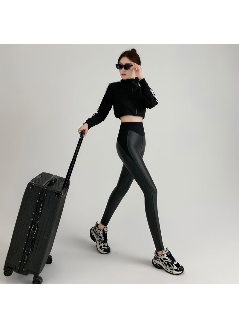 High-Waist Slim Velvet Lined Leather Pants Grey