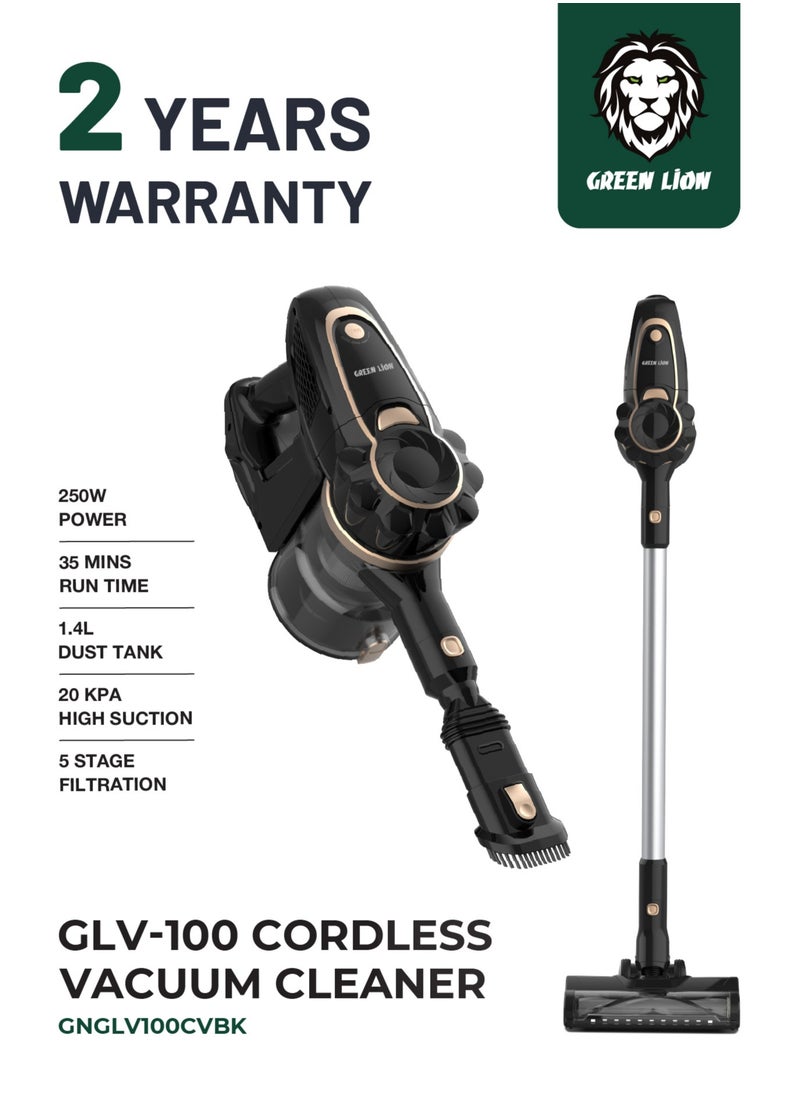 GLV-100 Cordless Vacuum Cleaner / 250W Power / 1.4L Dust Tank / 35 Mins Run Time / 20 KPA High Suction / 5 Stage Filtration / Lithium-Ion Battery / Low Noise / DC Port / ABS + PP Material - Black