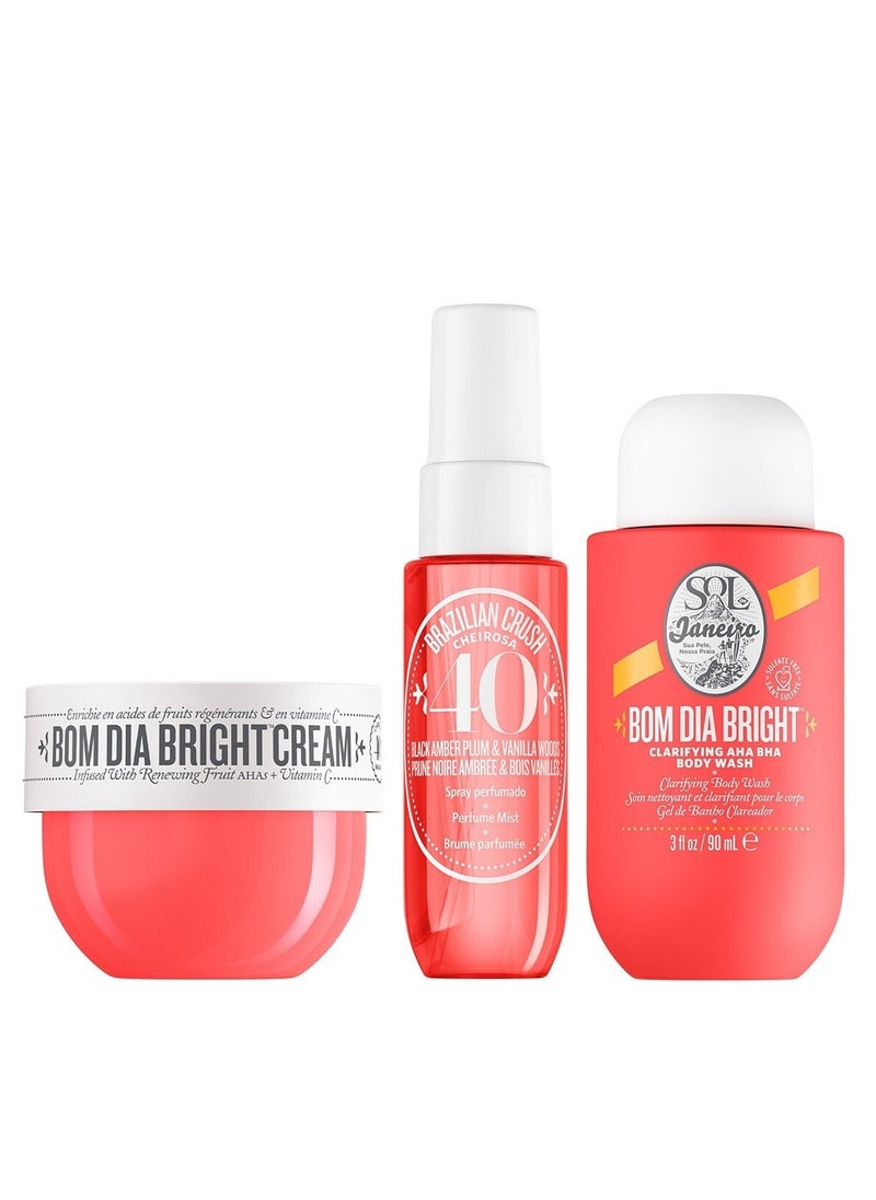 Sol de Janeiro Bom Dia Jet Set Trio - 50ml Body Cream, 90ml Body Mist & 30ml Shower Cream-Gel | Radiant Skin & Tropical Fragrance Travel Set