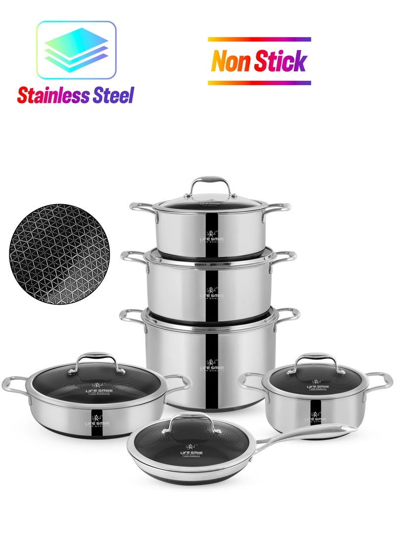 LIFE SMILE Hybrid Non Stick Pure 18/10 Stainless Steel Cookware Set - Cooking Set 12-Piece Honeycomb Ultra Non Stick Coating, 100% PFOA, PTFE and PFAS Free, Oven Safe, Induction Base Pots and Pans Set