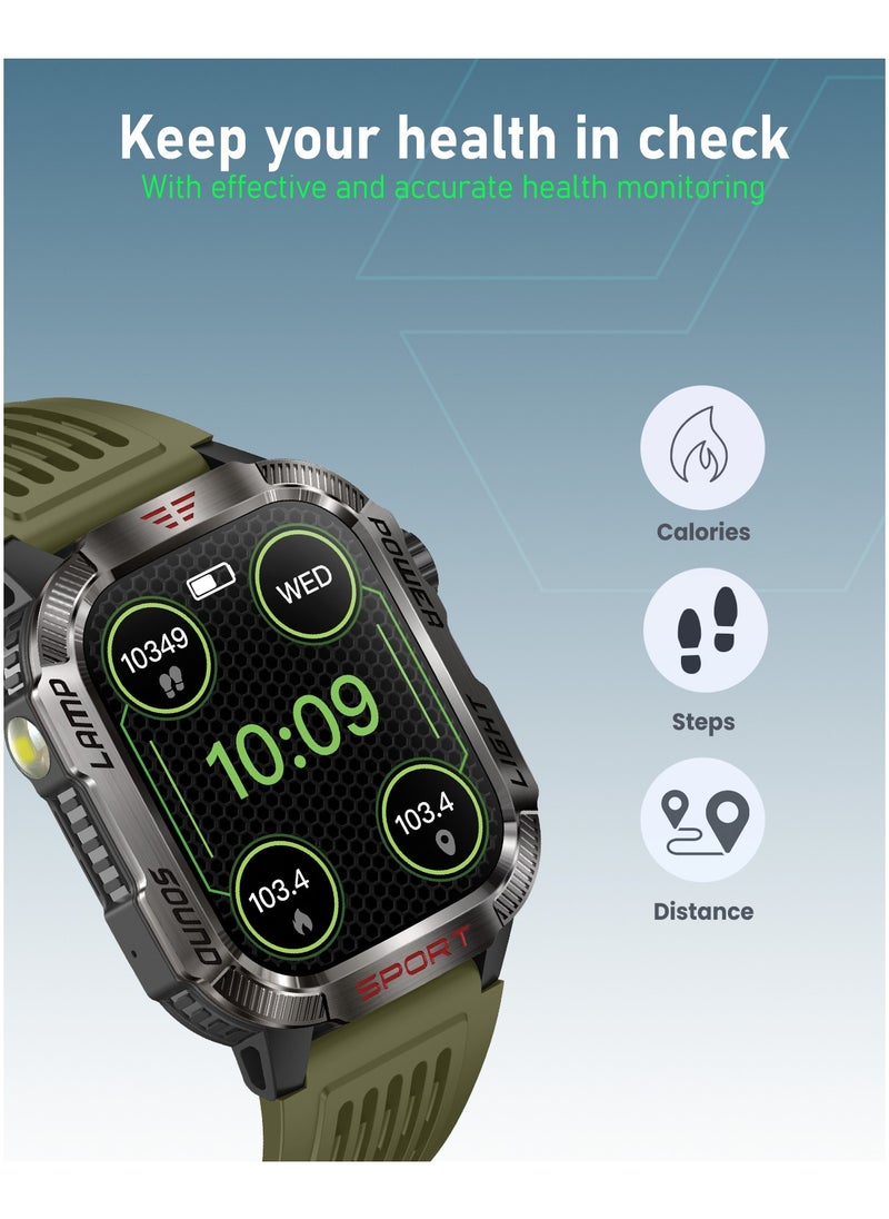 Moxedo Warrior Military Smart Watch with LED Flash Light 2.01 IPS HD Large Display Sport Smart Watch Bluetooth Calling, 100+ Watch Faces with Built-in Compass for Android and iOS- Green