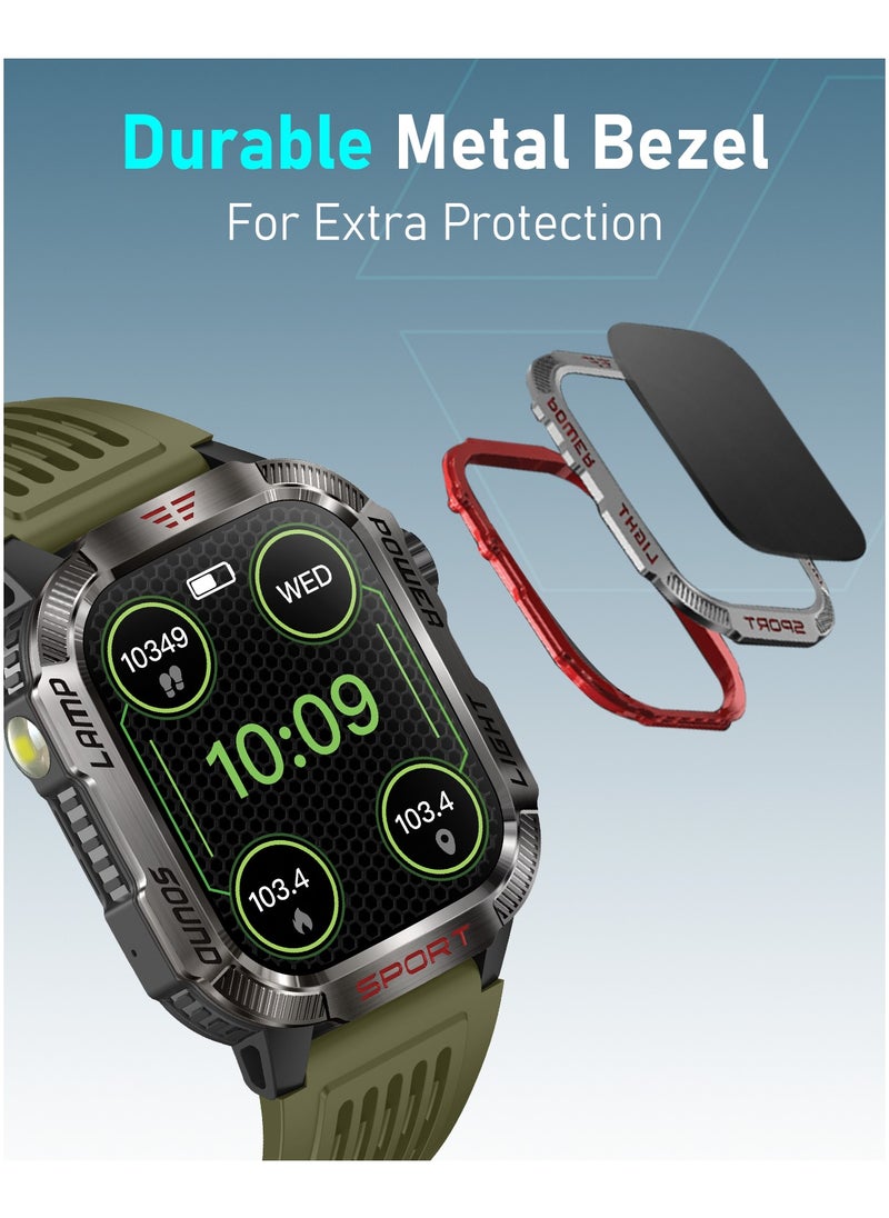Moxedo Warrior Military Smart Watch with LED Flash Light 2.01 IPS HD Large Display Sport Smart Watch Bluetooth Calling, 100+ Watch Faces with Built-in Compass for Android and iOS- Green