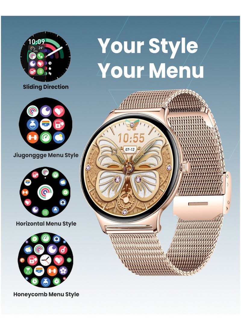 Moxedo Glory Smart Watch for Women 1.43” Amoled HD Display Fitness Watch Real Time Health Monitoring, 100+ Watch Faces, 120+ Sports Modes Fitness Activity Tracker for iOS and Android - Rose Gold