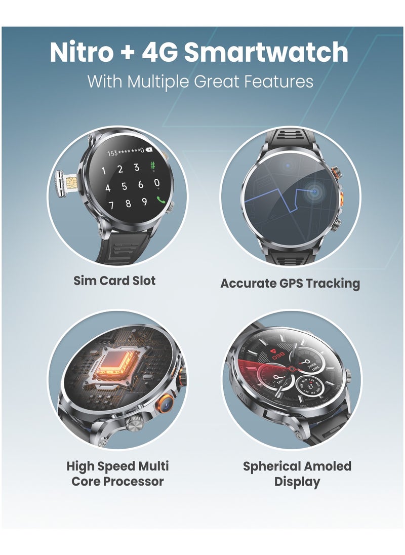 Moxedo Nitro+ 4G Smartwatch with Built-in SIM Card Slot 1.85” IPS Spherical Display Multi-Core Processor, Independent Calling, 100+ Watch Faces, GPS Navigation with Side Camera- Black