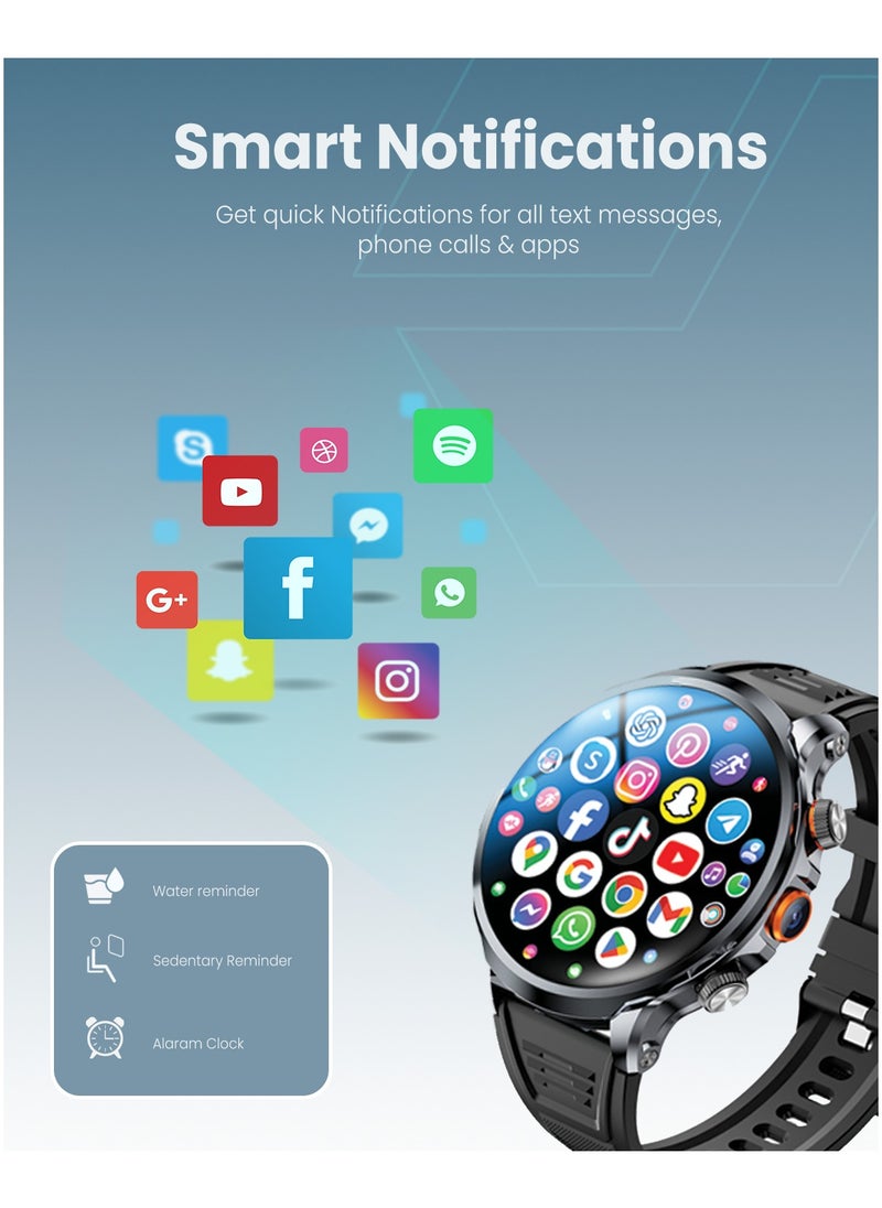 Moxedo Nitro+ 4G Smartwatch with Built-in SIM Card Slot 1.85” IPS Spherical Display Multi-Core Processor, Independent Calling, 100+ Watch Faces, GPS Navigation with Side Camera- Black