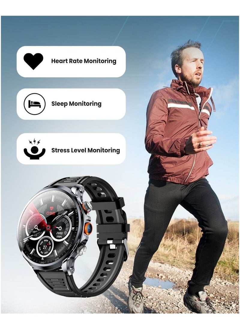 Moxedo Nitro+ 4G Smartwatch with Built-in SIM Card Slot 1.85” IPS Spherical Display Multi-Core Processor, Independent Calling, 100+ Watch Faces, GPS Navigation with Side Camera- Black
