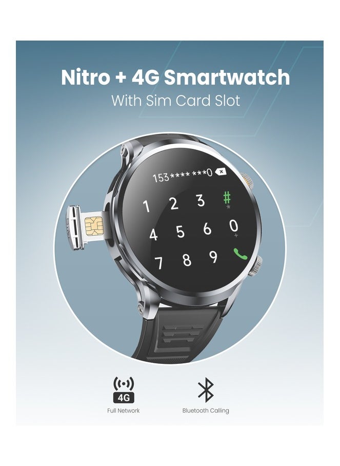 Moxedo Nitro+ 4G Smartwatch with Built-in SIM Card Slot 1.85” IPS Spherical Display Multi-Core Processor, Independent Calling, 100+ Watch Faces, GPS Navigation with Side Camera- Black