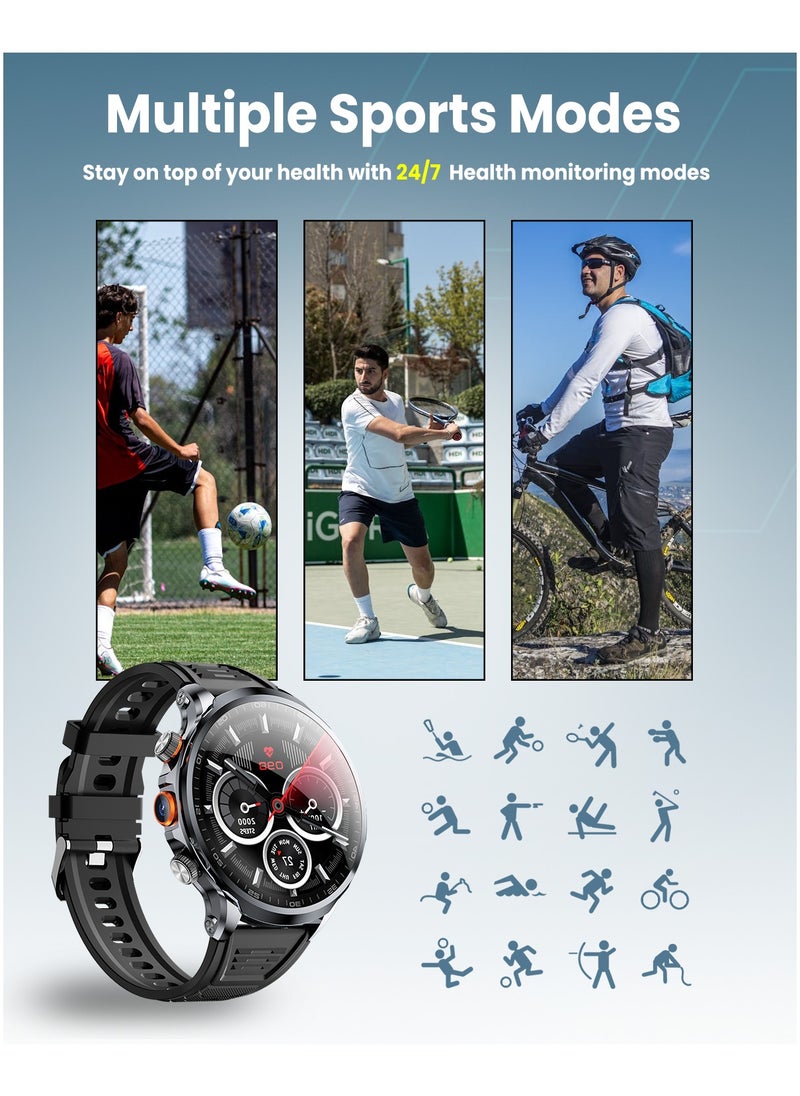 Moxedo Nitro+ 4G Smartwatch with Built-in SIM Card Slot 1.85” IPS Spherical Display Multi-Core Processor, Independent Calling, 100+ Watch Faces, GPS Navigation with Side Camera- Black